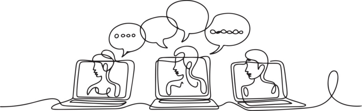 Social network. Continuous one line drawing of laptops with some people on screen and speech bubble. one line Art icon drawing