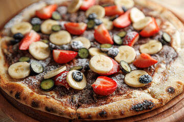 Freshly baked dessert pizza topped with strawberries, bananas, and blueberries served on a wooden platter