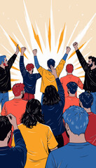 Dynamic Illustration of Diverse Group Uniting with Raised Fists, Signifying Empowerment and Solidarity in Vibrant Colors Against a Radiant Background