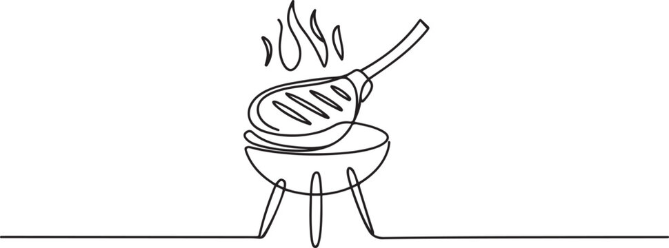 Continuous one line drawing of tomahawk steak grill bbq concept in silhouette on a white background. one line Art icon drawing