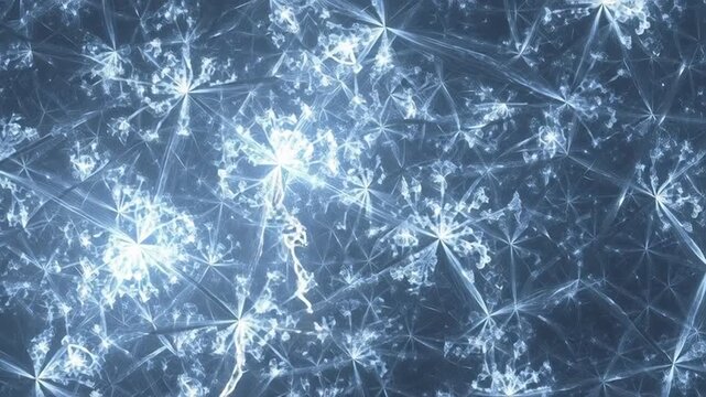 Abstract icy blue fractal patterns resembling snowflakes and crystals, creating a serene winter atmosphere