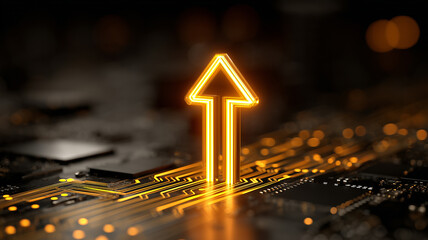 A glowing upward arrow emerging from a circuit board symbolizing technological growth, innovation and digital progress.
