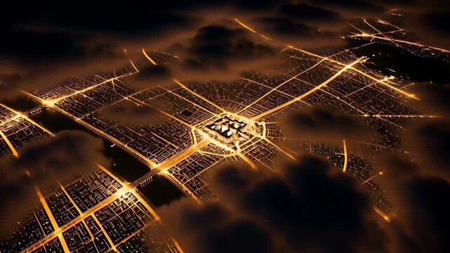 Glowing golden street lights forming a geometric city grid in a cinematic 3D aerial night animation, illustrating urban connectivity and metropolis concepts