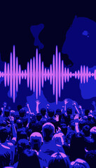 Immersive Concert Experience with Vibrant Sound Waves Captivating an Energetic Audience in a Dynamic Neon Lit Atmosphere