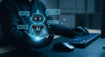 man wearing gloves at computer with glowing ai robot hologram and processing speech bubbles for secure artificial intelligence data analysis and smart automation technology concept