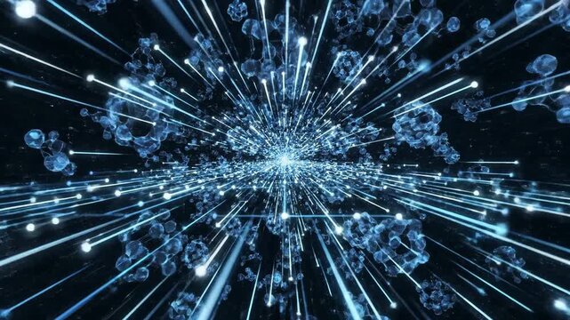 Dynamic Blue Digital Network Bloom with Light Beams.