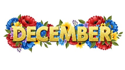 Title: The word December in large gold letters surrounded by colorful flowers and leaves on a white background