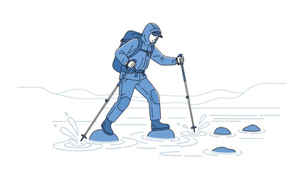 Adventurous Hiker Crosses River Using Trekking Poles And Stepping Stones Sketch