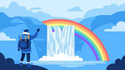 Obraz premium Adventurous Hiker Enjoying Waterfall View With Rainbow During Scenic Vacation