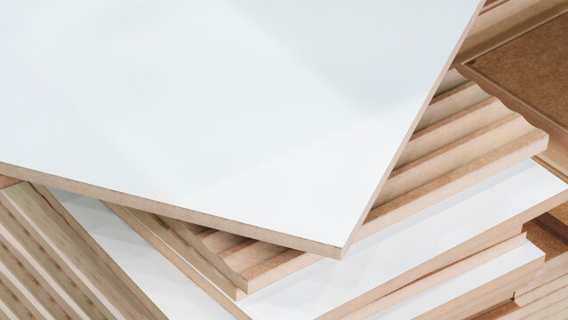 MDF panels are stacked in a furniture factory