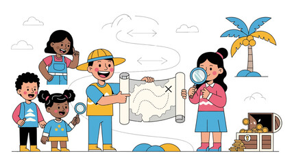 Adventurous Kids Uncovering Treasure Map on Exciting Journey Together
