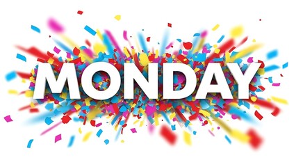 Title: The word Monday surrounded by an explosion of colorful confetti pieces in a dynamic and celebratory style