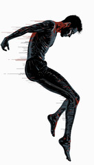 Dynamic depiction of a leaping figure capturing motion and emotion with a focus on energy and movement across a monochromatic spectrum with subtle accents