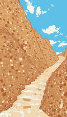 Stone Stairway Ascending Through Mosaic Textured Terrain Under a Clear Blue Sky with Fluffy Clouds