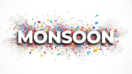Title: The word Monsoon surrounded by an explosion of colorful confetti pieces in a vibrant and dynamic style
