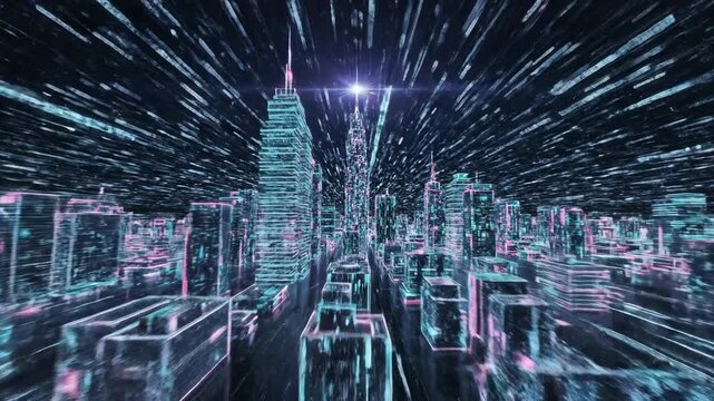 Futuristic City Data Streams Across Neon Skyscrapers.