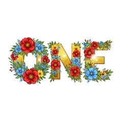 Title: The word One decorated with colorful flowers and green leaves on a white background stock
