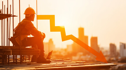 A construction worker observing a downward arrow over a city skyline representing economic decline and industry slowdown.
