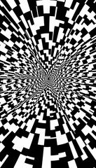 Dynamic Black and White Optical Illusion Pattern Creating a Tunnel-Like Effect with Geometric Shapes Creating Depth and Movement