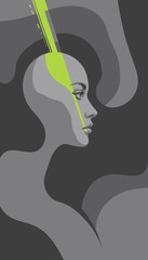 Abstract Art Depicting Human Profile with Vibrant Green Light in Introspective Monochrome Layers and Curves