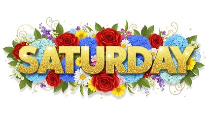Title: The word Saturday illustrated in gold letters surrounded by a vibrant arrangement of colorful flowers including roses hydrangeas and daisies