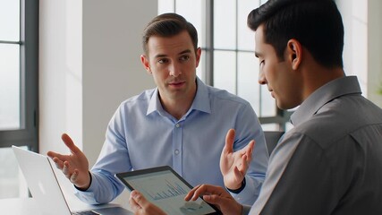 Professional businessmen analyzing financial data charts on a digital tablet during a collaborative strategy meeting in a bright modern office, illustrating corporate teamwork concepts. - Powered by Adobe