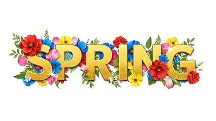 Title: The word SPRING in golden letters adorned with colorful flowers including red yellow blue and pink surrounded by green leaves and stems