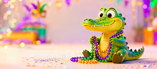 Adorable Alligator Character Sitting and Wearing Mardi Gras Beads, Blurred Pastel Bokeh Background