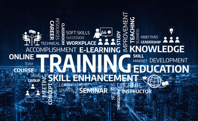 Explore a vibrant word cloud that highlights essential themes of training and education, emphasizing skill enhancement and professional growth in modern workplaces. Tessel
