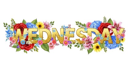 Title: The word Wednesday illustrated in gold letters surrounded by a vibrant arrangement of colorful flowers including roses lilies and daisies with