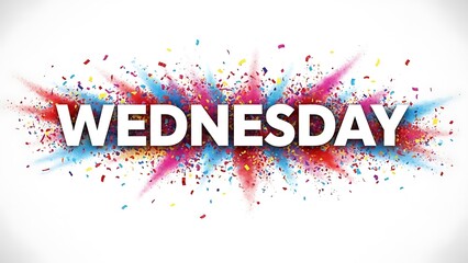 Wednesday written in bold letters with an explosion of colorful confetti in red blue yellow and pink on a white background