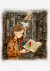 A girl holds a book in her hands in an old library, engraving illustration
