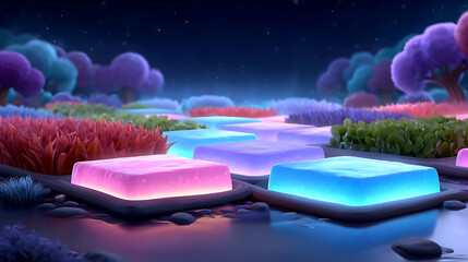 A fantastical landscape at night with a path made of glowing pink and blue square tiles leading through surreal purple and pink trees and vibrant red and green foliage under a starry sky