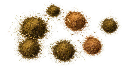 Heap of Various Spice Powders on White Background
