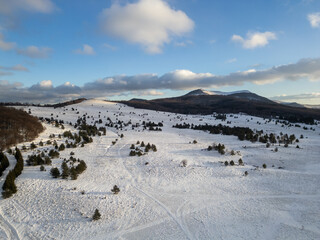 Winter landscape in Bulgaria, Balkan Mountains, with snow-covered hills and scattered pine trees under a blue sky. Peaceful rural scenery, natural wilderness, cold season, wide panoramic view