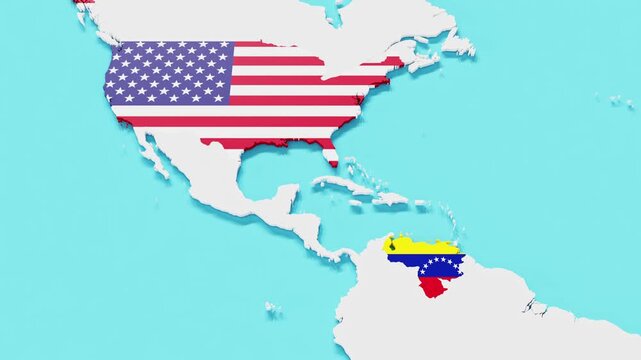 Zooming out of a 3d world map from Venezuela covered with its flag to a view including the United States covered with its flag.