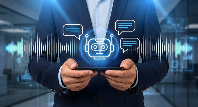 businessman holding smartphone with glowing ai chatbot icon and digital sound wave visualizer representing voice assistant technology and automated customer service in office - Powered by Adobe