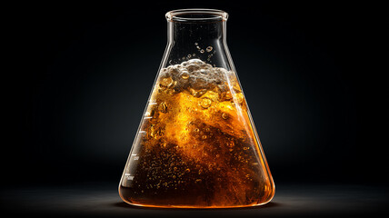 A laboratory flask filled with an active liquid reaction, representing scientific research experimentation and chemical innovation process.

