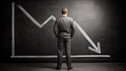 A businessman facing a downward trend chart on a blackboard, representing financial decline, risk and economic uncertainty concept.
