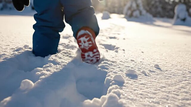Young Child Walking Through Fresh Snow Footprints.