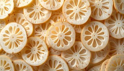 Fresh white lotus root slices background texture pattern
