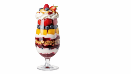 Tall layered fruit parfait in a clear glass with yogurt, cream, granola, berries and mango, colorful refreshing dessert or breakfast perfect for summer brunches and cafe menus

