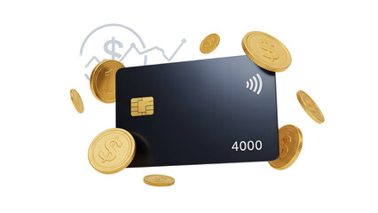 Black Credit Card with Gold Coins and Contactless Payment Symbol on White Background