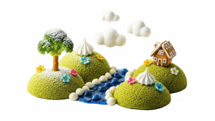 Whimsical dessert landscape with green mousse hills, blue river, sugar clouds, tree and gingerbread house, creative pastry art centerpiece for parties, kids celebrations and events

