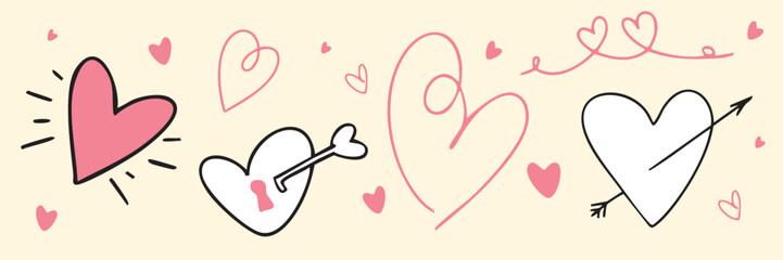 Hand-drawn Valentine’s Day doodle banner with cute hearts, arrows and romantic elements in a playful, minimal style