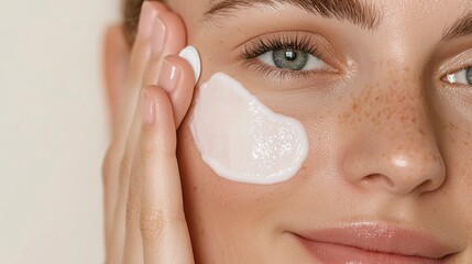 Adult woman applying skincare cream on her face with relaxed expression, concept of micro-needling patches  