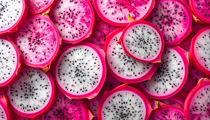 Fresh pink dragon fruit slices background texture pattern