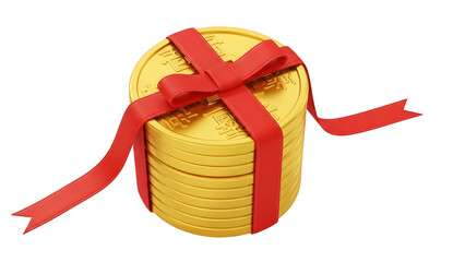 Golden Coins Stack with Red Ribbon on White Background