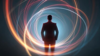 Businessman silhouette light trail neon swirl vortex future concept digital art abstract background leadership innovation visionary entrepreneur future technology cyber neon abstract silhouette - Powered by Adobe