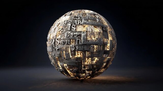 Futuristic metal sphere glowing abstract orb cyberpunk sculpture steampunk design intricate metallic pattern illuminated tech art sci fi background digital texture 3d render fantasy object futuristic